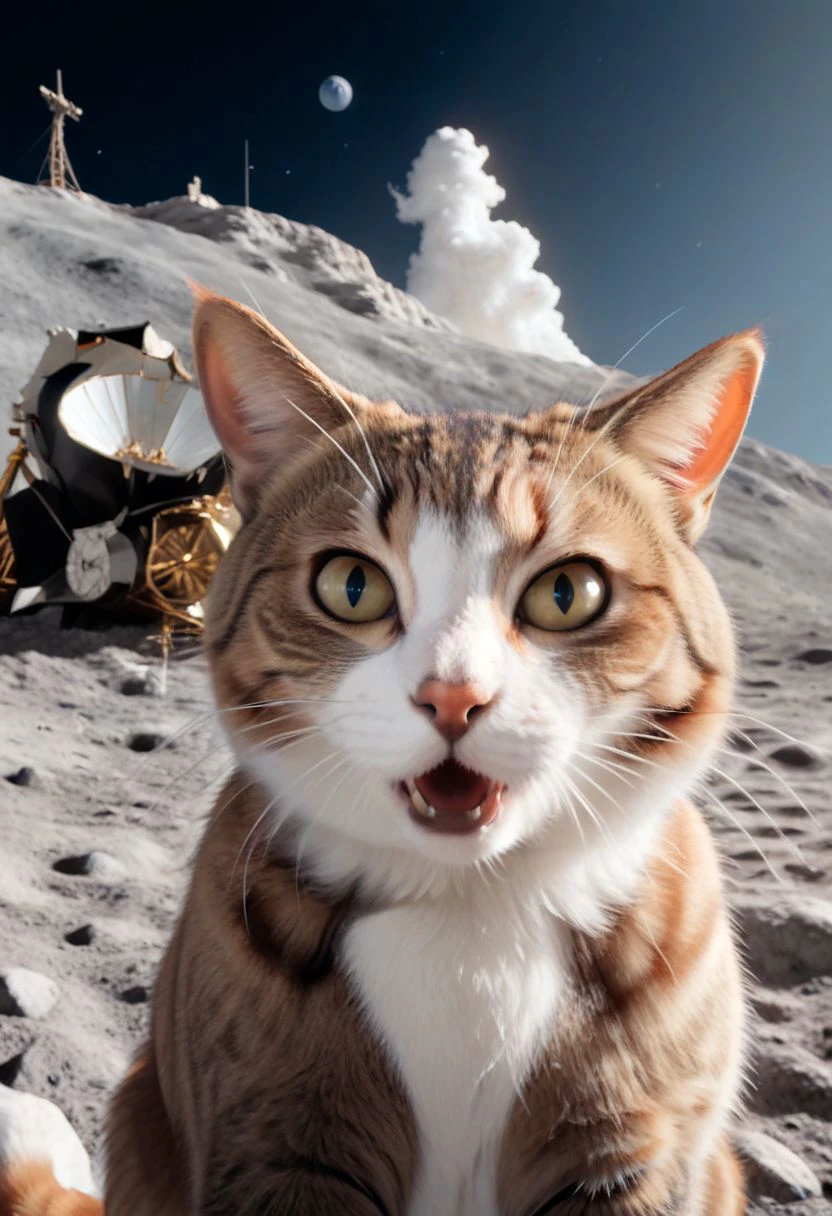 ASCII,masterpiece, hyper detailed, 8k, ray tracing, ultra sharp,
cinematic film still anime artwork, cfb ,close up of a surprised and shocked cat foreground, a mission apollo on the moon background, vibrant, highly detailed, shallow depth of field,,cinemascope, moody, epic, gorgeous, film grain, grainy,meme,parody,deep black sky, apollo_style