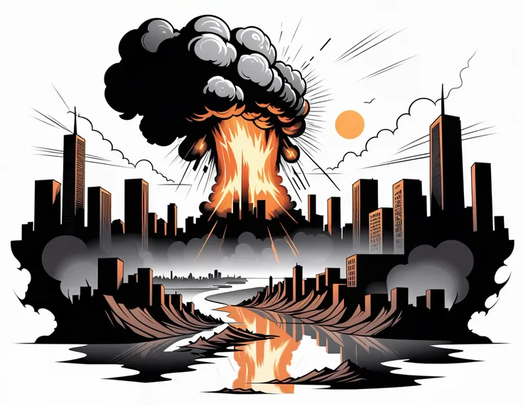 line art drawing Tattoo artwork the end of the world, burning destroyed city after nuclear blast . professional, sleek, modern, minimalist, graphic, line art, vector graphics
