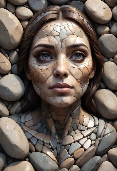 (best quality, 8K, high resolution, masterpiece), ultra detailed, (3D CGI), a mosaic of pebbles forms a woman's face
