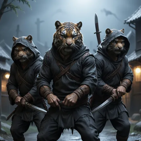 a loose group of tiger-fur-humanoid black-tiger-ninjas in dark black hooded suits torn and worn out, sneak around a village in the dark night, looking for their victim, swords, knifes, stealthy, action shot, in motion, 8k, uhd, dslr, insane detailed, award-winning photo, (dark scene:1.1), misc, <lora:add-detail-xl:1>