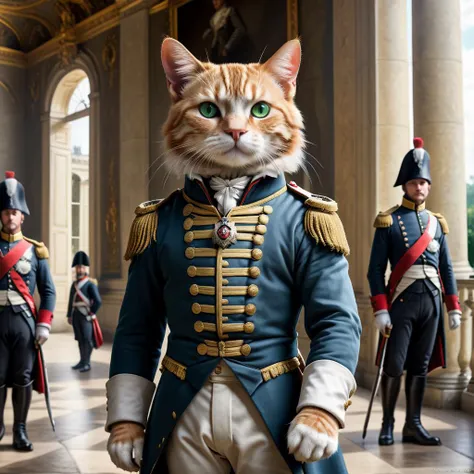 professional photograph of a humanoid cute cat wearing Napoleon's military suit, standing inside Versailles, lovely ginger cat with green eyes, the palace is very detailed. Sunny day, crowd of animal-people in the background, 1800s, photoreal, photorealistic, high quality.