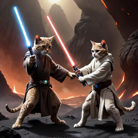 Star wars battle, (Masterpiece) (fantastical work) (highest quality) professional photograph of two cats dueling fighting each other with lightsabers. They are bipedal cats wielding light sabers, wearing jedi robes. They are standing in the volcanic planet of Mustafar. Anakin Skywalker is a cat and so is Obi Wan Kenobi. Both cats are wielding lightsabers and using them to duel. Blue lightsabers.