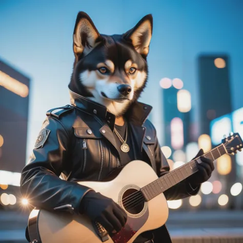 cinematic photo cinematic photo (Highest Quality, 4k, masterpiece:1.1), (realism, photorealistic:1.4), ray traced, hyper realism, soft lighting, detailed background, film grain, (detailed fur texture:1.3),
BREAK
((black metal)) anthro shiba inu plays his guitar on the last day on earth ,(wearing black metal outfit),(( post-apocalyptic destroyed dieselpunk city background)) , fangs , angry, paws,(new dawn), (aurora borealis) , closeup, high quality photography, 3 point lighting, flash with softbox, 4k, Canon EOS R3, hdr, smooth, sharp focus, high resolution, award winning photo, 80mm, f2.8, bokeh . 35mm photograph, film, bokeh, professional, 4k, highly detailed . 35mm photograph, film, bokeh, professional, 4k, highly detailed