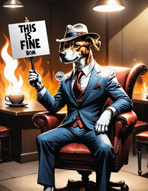 comic an antro dog wearing a hat and a suit is sitting on a a chair trinking coffee , the hole room is burning, he hold a sign with(( text;"this is fine")) ,, high quality photography, 3 point lighting, flash with softbox, 4k, Canon EOS R3, hdr, smooth, sharp focus, high resolution, award winning photo, 80mm, f2.8, bokeh . graphic illustration, comic art, graphic novel art, vibrant, highly detailed