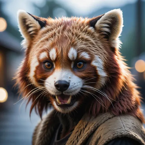 face portrait from an anthro female red panda, fangs, realistic fur,RAW candid cinema, 16mm, color graded portra 400 film, remarkable color, ultra realistic, textured skin, remarkable detailed pupil shot with cinematic camera, high quality photography, 3 point lighting, flash with softbox, 4k, Canon EOS R3, hdr, smooth, sharp focus, high resolution, award winning photo, 80mm, f2.8, bokeh