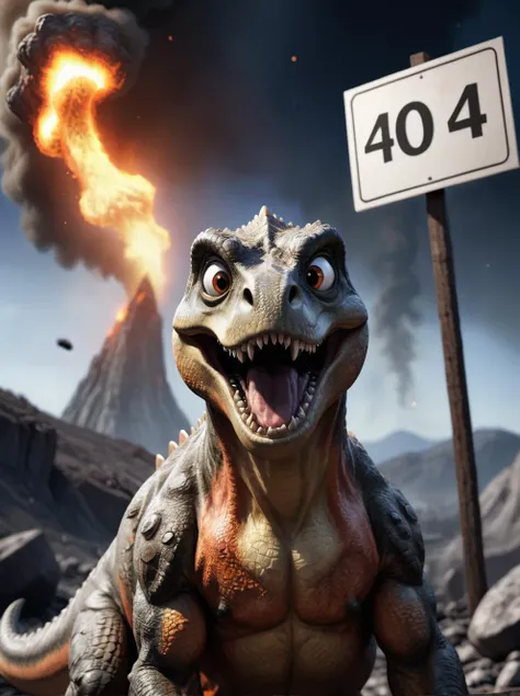 cinematic film still A goofy looking Dinosaur holding a sign with Text 404 error, cartoon like eyes, huge eyes, shocked expression, fire and brimstone all over, (asteroid on fire in the sky:1.1), scared shitless, cross eyed, dumb founded, hell in the background, portrait, close
. shallow depth of field, vignette, highly detailed, high budget, bokeh, cinemascope, moody, epic, gorgeous, film grain, grainy