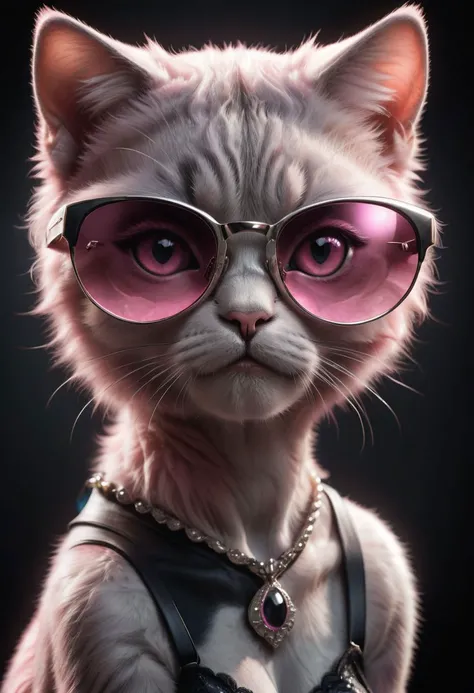 (best quality, 8K, high resolution, masterpiece), ultra detailed, (3D CGI), a beautiful pair of sunglasses, trendy, fashionable, pink, silver and black stylized cat's eye shape, on a black background, countryside advertising, winning photo,