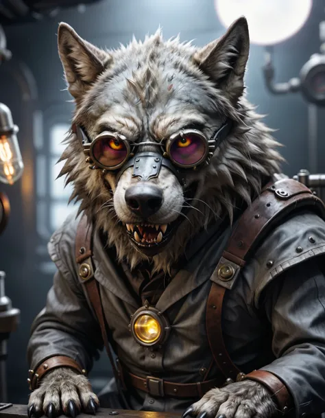 Hyperrealistic art detailed photo of a evil scientist,wolf,,fangs, cyberpunk, mask, wrathful eyes, open mouth, dark science lab, steampunk sun glasses, dark atmosphere, Homunculus, hyperrealistic, paws, detailed fur . Extremely high-resolution details, photographic, realism pushed to extreme, fine texture, incredibly lifelike, high quality photography, 3 point lighting, flash with softbox, 4k, Canon EOS R3, hdr, smooth, sharp focus, high resolution, award winning photo, 80mm, f2.8, bokeh