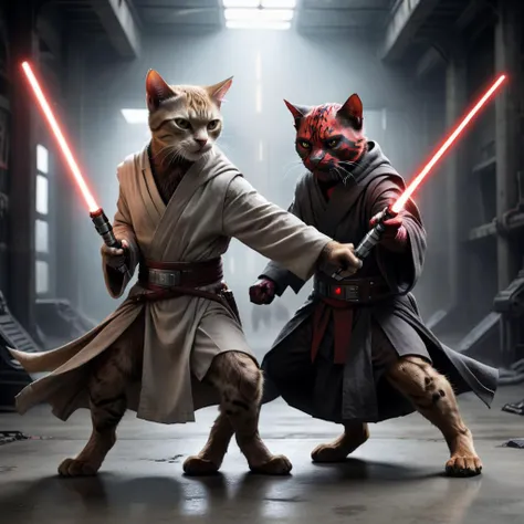 (Masterpiece) (fantastical work) (highest quality) professional photograph of two jedi cats dueling each other with light sabers. They are bipedal cats wielding light sabers, dressed in jedi robes. They are standing in metallic platforms in an eerie grey industrial area. Duel of the fates but Darth Maul and OBi Wan Kenobi are cats. Epic combat, angry expressions, intense. Duel of the Fates, Cats fighting with light sabers. Photorealistic, HD, ray-tracing. Star Wars duel, there is bright light coming from the crossed blades