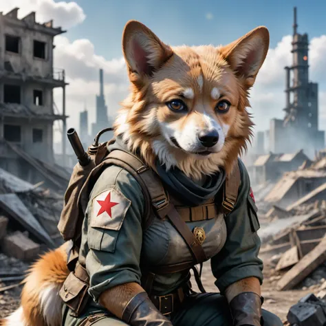 anime artwork (Highest Quality, 4k, masterpiece:1.1), (realism, photorealistic:1.4), ray traced, hyper realism, soft lighting, detailed background, film grain, (detailed fur texture:1.3),
BREAK
(anthro female corgi), ((wearing post apocalyptic outfit:1.2)), inside a destroyed city after nuclear blast, sitting on a ammonition chest,looking down from a hill, holding a gun, looking angry, visible fangs (perfect anatomy),((paws)), (aurora borealis), (close up:1.3) . anime style, key visual, vibrant, studio anime, highly detailed, high quality photography, 3 point lighting, flash with softbox, 4k, Canon EOS R3, hdr, smooth, sharp focus, high resolution, award winning photo, 80mm, f2.8, bokeh