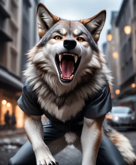 (masterpiece:1.1), (highest quality:1.1), (sharp focus:1.2), (solo focus1.1), (looking at viewer:1.25), portrait of an anthropomorphic wolf wearing post apocayptic outfit, ((paws, claws)), male, open mouth, destroyed city, furry, fur, high quality photography, 4k, Canon EOS R3, hdr, smooth, sharp focus, high resolution, award winning photo, 80mm, f2.8, bokeh . 35mm photograph, film, bokeh, professional, 4k, highly detailed, fangs, mouth open , detailed, realistic, 8k uhd, high quality