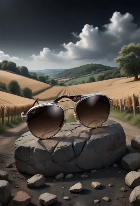 (best quality, 8K, high resolution, masterpiece), ultra detailed, (3D CGI), a beautiful pair of sunglasses, trendy, fashionable, brown, silver and black , on a black background, countryside advertising, winning photo,