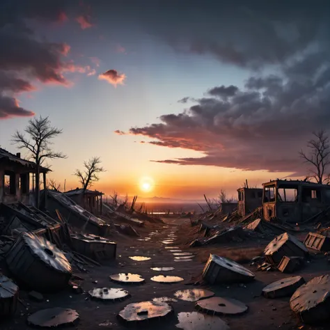 post-apocalyptic sunset at the end of the world of the new dawn aquarelle drawing, high quality photography, 3 point lighting, flash with softbox, 4k, Canon EOS R3, hdr, smooth, sharp focus, high resolution, award winning photo, 80mm, f2.8, bokeh
