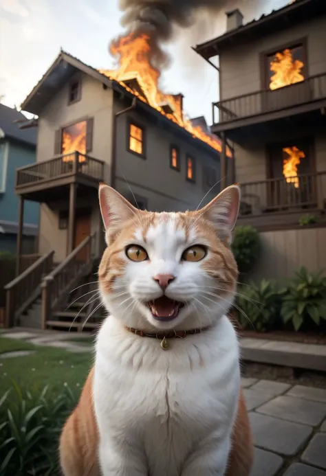 cinematic film still anime artwork,  cfb, smiling cat foreground, a house on fire, background, vibrant, highly detailed,  shallow depth of field,, cinemascope, moody, epic, gorgeous, film grain, grainy,meme,parody