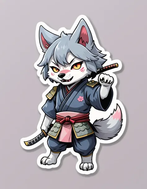 a wrathful samurai wolf is storming the battlefield, Sticker, Cute sticker, Kawaii sticker, die-cut, plain background, illustration minimalism, vector, pastel colors, kawaii
