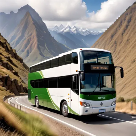 Double-decker international transport bus (similar to Expreso Internacional Ormeo), ultra modern, all white with red and green stripes on the sides, ultra modern tires, circulated through the Andes mountain range