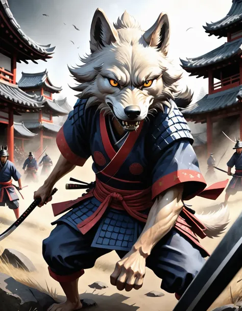 a wrathful samurai wolf is storming the battlefield, illustration, fisheye lens, high contrast, highly detailed, sharp focus, digital painting, 3 d art, illustration, trending on artstation