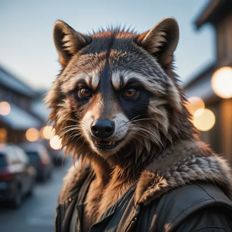 face portrait from an anthro male raccon, fangs, realistic fur,RAW candid cinema, 16mm, color graded portra 400 film, remarkable color, ultra realistic, textured skin, remarkable detailed pupil shot with cinematic camera, high quality photography, 3 point lighting, flash with softbox, 4k, Canon EOS R3, hdr, smooth, sharp focus, high resolution, award winning photo, 80mm, f2.8, bokeh