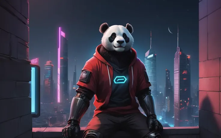 cyberpunk cityscape a cyborg anthropomorphic giant panda male furry is sitting solo on rooftop, He has very fluffy fur on cheek and animal head, mechanical arms and hands, mechanical legs and boots, gloves, He wears a short sleeves red hoodie with both proud and serious on his face, His eyes are black and shine and looking afar, city below, backlighting, night, moonlight, starry sky, shooting star, constellation, medium shot, dutch angle . neon lights, dark alleys, skyscrapers, futuristic, vibrant colors, high contrast, highly detailed