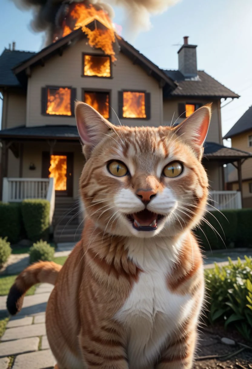 cinematic film still anime artwork, cfb, smiling cat foreground, a house on fire, background, vibrant, highly detailed, shallow depth of field,, cinemascope, moody, epic, gorgeous, film grain, grainy,meme,parody