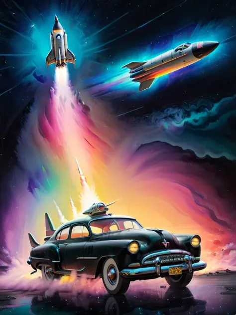 Painting of (double exposure:1.3), 1950s futuristic flying car, space rocket taking off, psychedelic rainbow, trippy neon colors in universe, in style of (bangerooo:1.15)
<lora:Double_Exposure:1> <lora:Bangerooo_Art_Style_SDXL-000009:1> <lora:Art_Frahm:1>