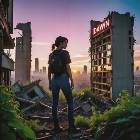 cinematic photo (epic post apocalyptic destroyes city overgrown ruins), detailed background, RAW photo, Nikon D850 film stock photograph Kodak Portra 400 camera f1.6 lens, rich colors, lifelike texture, dramatic lighting, unreal engine, trending on ArtStation, cinestill 800 tungsten, ((new dawn on horizon)), (aurora borealis), (( neon sign new dawn text)) . 35mm photograph, film, bokeh, professional, 4k, highly detailed