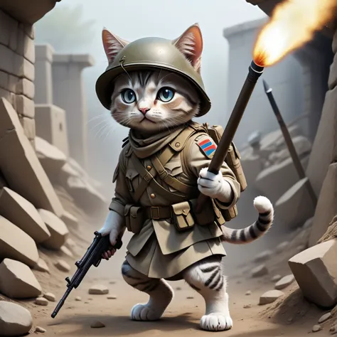 ((a cute cat soldier)), majestic, (fighting in WW1 trenches), warzone, explosions, masterpiece, best quality, ((drawing))), Sticker, Cute sticker, Kawaii sticker, die-cut, plain background, illustration minimalism, vector, pastel colors, kawaii