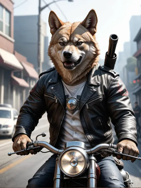 a shiba inu heavy metal guy is driving his motorcycle holding a gun , he is angry and full of hate, detailed, realistic, 8k uhd, high quality