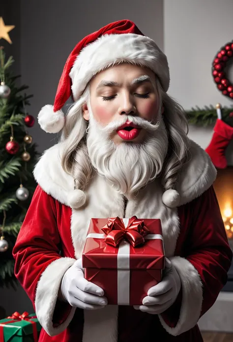 santa claus holding a present, kissy lips, protruding lips, giant lips, eyes closed