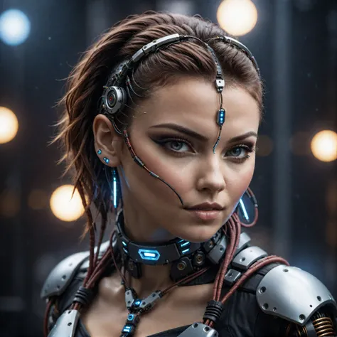 cinematic photo detailed closeup portraid of a Beautiful cyberpunk woman, robotic parts, cables, lights, text; "fenrisxl", high quality photography, 3 point lighting, flash with softbox, 4k, Canon EOS R3, hdr, smooth, sharp focus, high resolution, award winning photo, 80mm, f2.8, bokeh . 35mm photograph, film, bokeh, professional, 4k, highly detailed, high quality photography, 3 point lighting, flash with softbox, 4k, Canon EOS R3, hdr, smooth, sharp focus, high resolution, award winning photo, 80mm, f2.8, bokeh