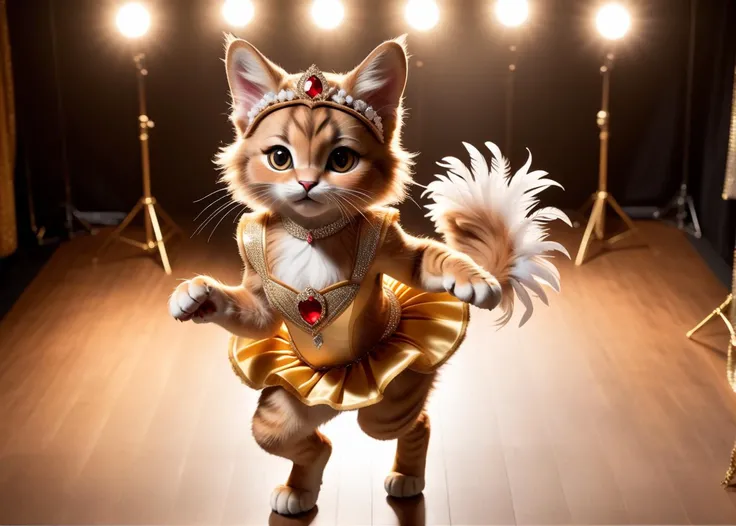 Highest Quality, 4k, masterpiece, high quality photography, shot from above, looking down, 3 point lighting, high resolution, award winning photo, cinematic still, ((ultra realistic)), opening number, on stage, song and dance routine, number of ((dancing furry Cat girls))(( wearing tiaras and feather boas)),(elaborate costumes),  in a 1950's Hollywood musical, style of Ester Williams, (cancan), high kicks,  High production values, studio lighting, 8k, detailed eyes, furry, detailed paws <lora:more_details:1.2> SimplepositiveXLv1