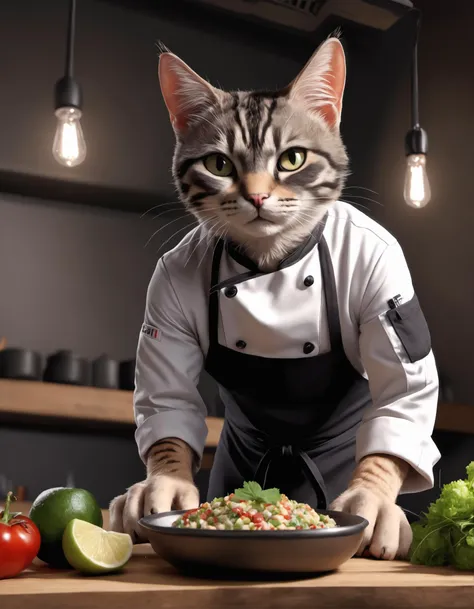 a cat, ((chef outfit)), epic scene, dynamic camera, backlight, (close up:1.2), high quality photography, 3 point lighting, flash with softbox, 4k, Canon EOS R3, hdr, smooth, sharp focus, high resolution, award winning photo, 80mm, f2.8, bokeh
, detailed, realistic, 8k uhd, high quality