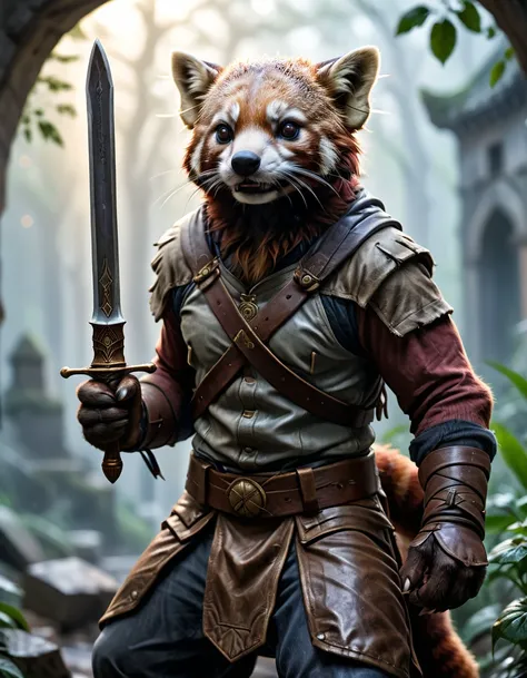 (a anthro red panda_adventurer), (detailed leather outfit),holding sword ,searching for treasure, epic overgrown temple ruin, epic scene, lush plants,dynamic camera, backlight, (close up:1.3), high quality photography, 3 point lighting, flash with softbox, 4k, Canon EOS R3, hdr, smooth, sharp focus, high resolution, award winning photo, 80mm, f2.8, bokeh BREAK (masterpiece, best quality, ultra realistic, 4k, 2k, (intricate, high detail:1.2), film photography, soft focus, RAW photo, photorealistic, analog style, subsurface scattering, photorealism, absurd res), high quality photography, 3 point lighting, flash with softbox, 4k, Canon EOS R3, hdr, smooth, sharp focus, high resolution, award winning photo, 80mm, f2.8, bokeh , detailed, realistic, 8k uhd, high quality