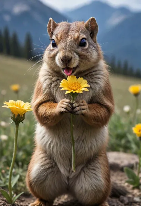a ground squirrel holding a flower in its mouth, picking up a flower, smelling good, having a snack, national geographic photo, national geographic photo shoot, holding a flower, award winning nature photo, natural beauty, national geographic photography, peaceful expression, just a cute little thing, by Alison Geissler, national geographic photo , bashful expression