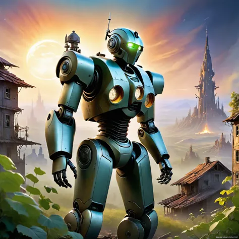 ethereal fantasy concept art of (((robot house:1.2))), (epic post apocalyptic destroyes city overgrown ruins), detailed background, amazing fine detail, RAW photo, Nikon D850 film stock photograph Kodak Portra 400 camera f1.6 lens, rich colors, lifelike texture, dramatic lighting, unreal engine, trending on ArtStation, cinestill 800 tungsten, ((new dawn on horizon)), (aurora borealis), ((dieselpunk:1.3)) . magnificent, celestial, ethereal, painterly, epic, majestic, magical, fantasy art, cover art, dreamy