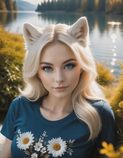 cinematic photo (Highest Quality, 4k, masterpiece, Amazing Details:1.1), laying near a lake,medium breast. deep blue eyes, (((wearing a t-shirt and jeans)), (full body:1.3) Shallow Depth of Field, E671, lens 50mm f/2.0, (( furry:1.5)) white wolf female)), thin eyebrows, wavy short hair with flower hair ornament, (realistic white fur, detailed fur texture:1.2), ((photorealistic) (RAW Photo)) . 35mm photograph, film, bokeh, professional, 4k, highly detailed