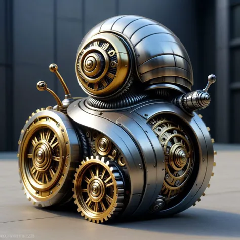 mechanical snail, steel, shiny and gold, tracked, roboticizer, ribbed shell, armed, gears, sci-fi