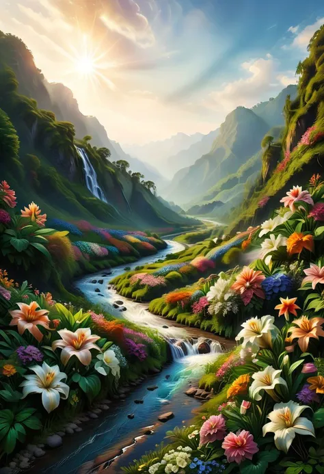 (best quality,8k,high res,masterpiece:1.2),photorealistic,ultra-detailed, vibrant photography of a Lilly in nature, dramatic lighting, finely ,fine detailed,Natural scenery, majestic landscape, colorful flowers, distant mountains, flowing rivers, melting sunset, serene atmosphere, dazzling sunlight, blissful vibes, luscious greenery, soft breeze, ethereal beauty, seek, Flora