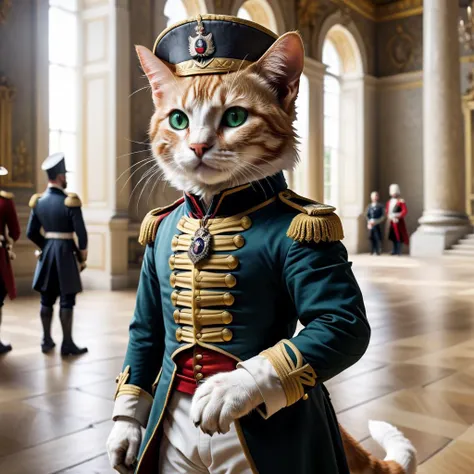 professional photograph of a humanoid cute cat wearing Napoleon's military suit, standing inside Versailles, lovely ginger cat with green eyes, the palace is very detailed. Sunny day, crowd of animal-people in the background, 1800s, photoreal, photorealistic, high quality.