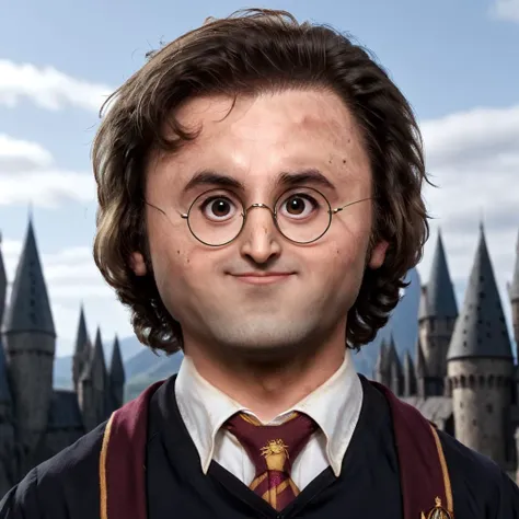 smallfaced, big head with scar and tiny face harry potter, hogwarts in background, owl on shoulder, 8k, award winning, magic
