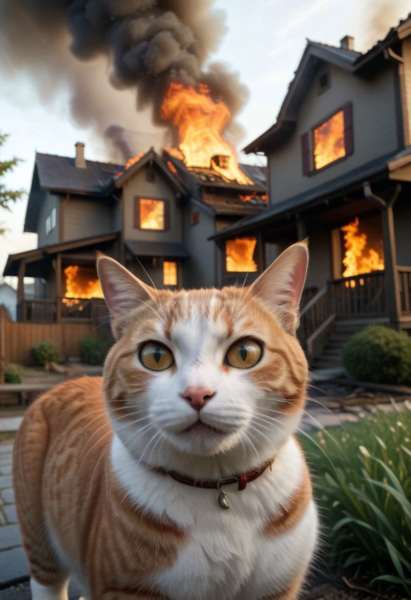 cinematic film still anime artwork, cfb, cat foreground, a house on fire, background, vibrant, highly detailed, shallow depth of field,, cinemascope, moody, epic, gorgeous, film grain, grainy,meme,parody