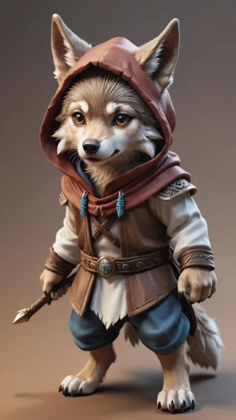 isometric view of a MINI cute hyper realistic assasins wolf wearing an mage hood. Cinematic, hyper detailed, brown GRADIENT background , highly detailed, zoomed out,