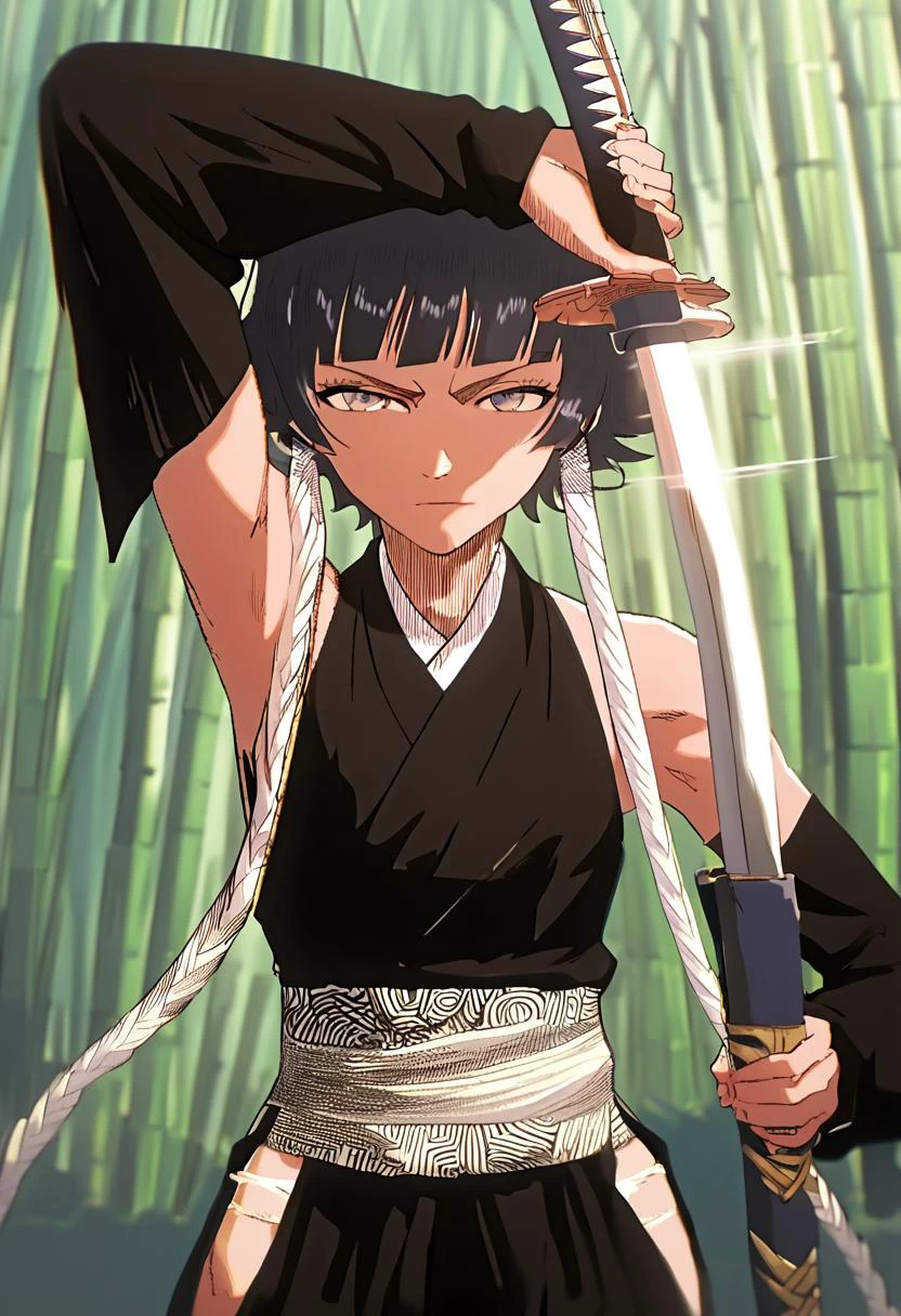 score_9, score_8_up, score_7_up, score_6_up, score_5_up, sui-feng, sleeveless, black kimono, detached sleeves, white sash, hip vents <lora:Soi_Fon:0.9>, arm up unsheathing sword <lora:unsheathing_pose_vertical_3_final:1>, looking at viewer, focused, bamboo, shining blade
