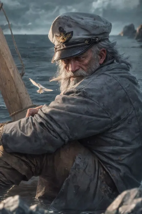 (RAW photo, 8k uhd, Analog style, Masterpiece, Best Quality, Highres:1.4), (dramatic, cinematic:1.2), BREAK,
shot of (80 yo:1.2) (old male:1.3) (fisherman:1.25) (sailor man:1.25) (sitting:1.1) (on deck:1.35) of (old dilapidated:1.2) (wooden sailboat:1.3), against railing, (from side:1.2), (stern face:1.2), (deep wrinkles:1.2), (gray long beard:1.3), (grey eyes:1.2), ((shabby:1.2) old (torn:1.15) (raincoat:1.1), brown (pants:1.1), (sailor hat:1.1) (sou'wester:1.2), jackboots:1.1), (lowered head:1.2), (tired sad expression:1.15), BREAK,
(stormy sea, gloomy dark clouds:1.2) on background, (splashes, water drops, rain:1.25), (seafoam:1.1), (flying white seagulls:1.25), (rocks, cliffs:1.3), (dark haze:1.2), (wet clothes:1.1), fishing (nets with fish:1.3) on deck, (ropes:1.1), (tense hopeless eerie atmosphere, cold, floes:1.2), BREAK,
(photorealistic:1.3), (rough details, (male focus:1.1):1.2), (desaturated, cold lighting:1.3), (hyperdetailed, absurdres:1.2), BREAK,
<lora:more_details:0.9>,
<lora:zoom_slider_v1:4.5>,