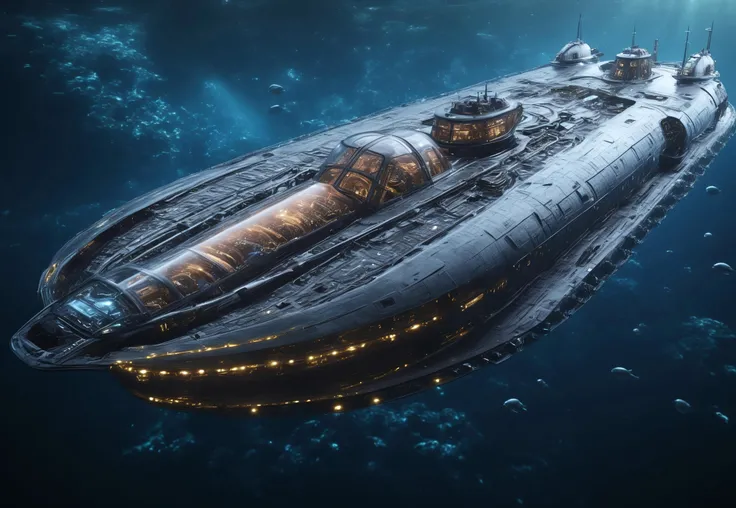 zzspczz, Masterpiece, photorealistic, futuristic atomic submarine gliding silently through the vast expanse of deep underwater, ultra-detailed, highly intricate design with sleek metallic surfaces, glowing atomic reactors, surrounded by distant stars and nebulae, cosmic glow reflecting off the hull, deep dark ocean with high contrast, 4k, 8k, cinematic, ultra-sharp focus, highly realistic textures, high-definition rendering, symmetrical composition, best quality, flawless craftsmanship, huge constructions, glow lines, warship, scifi, ruin,