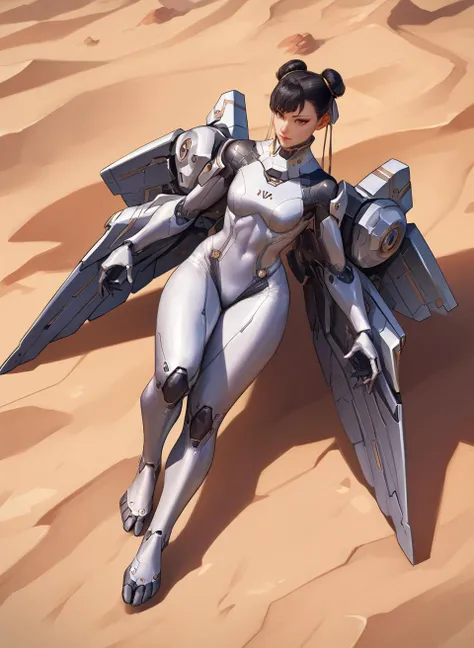 score_9, score_8_up, score_7_up, score_6_up, score_5_up, score_4_up, vivid color, masterpiece, highly detailed, <lora:chunliSDXL:1>, <lora:Niji:1>chunliSDXL, brown eyes, makeup, black hair, hair bun, double bun, mecha, bodysuit, mechanical arms, mechanical wings, science fiction, lift-off the ground, suspended, feet off the ground, fly, , full body, desert, looking from above