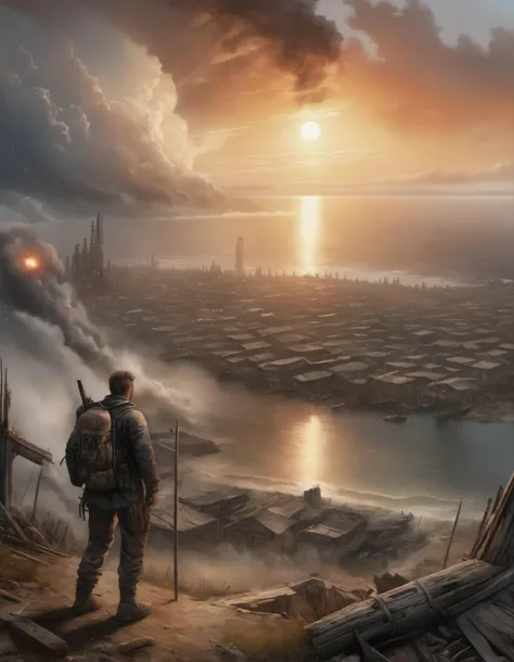 post-apocalyptic sunset at the end of the world of the new dawn aquarelle drawing , detailed, realistic, 8k uhd, high quality
, detailed, realistic, 8k uhd, high quality
