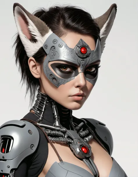 wast up, Horror-themed Tilt-shift photo of sfw,cyborg upper body, exquisitely detailed skin of evil AI, redemption, powerful and anthropomorphic concept of The woman has attributes such as terminator, cyborg, robot, fur, fangs, ears, tail, and possibly wolf eyes.(hands on chest:1.4) (Hands bra:1.3), ( wearing old leathercoat red thong), nipples covered by hands,plated armor with runes, (cop cap:1.6) and (sunglasse:1.6) on head, Facial Features: cyborg, robotic eyes, circuit, human face, Human Facial Structure: The face maintains a human-like structure with a forehead, cheeks, and chin. a female black wolf furry, slutty, solo, skinny, bloom, bedroom Facial Features: Human Facial Structure: The face maintains a human-like structure with a forehead, cheeks, and chin. she have robot red reptil eyes and digital cadran on chest. Hair and Fur: Human Hair: Hair might be present on the head, similar to a human. fur could cover parts of her body, resembling the coloration and patterning of a tiger's coat. Skin: Human-like Skin: Skin on areas not covered by fur would resemble human skin in texture and color. , looking at viewer . . Selective focus, miniature effect, blurred background, highly detailed, vibrant, perspective control . Eerie, unsettling, dark, spooky, suspenseful, grim, highly detailed, detailed, realistic, 8k uhd, high quality