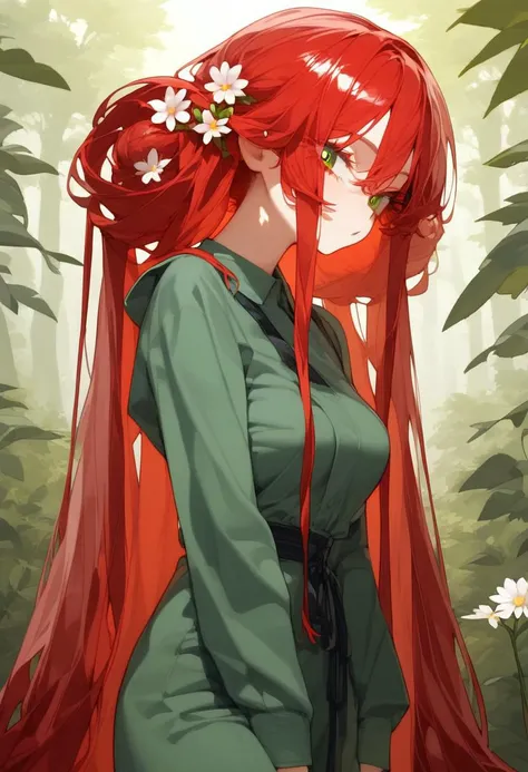 score_9, score_8_up, score_7_up, best quality, source_anime BREAK, Eatsleep1111, 1girl, medium breasts, very long deep red hair wavy, long red eyelashes, small flower-buns on the sides of the head, loose hair, some black locks, green eyes, hair parting in the middle, light warm skin, thick thighs, full body, warm background room, forest, green sword, farmer outfit <lora:Eatsleep1111v2:1>,