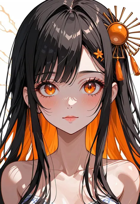1girl, solo, Grace Tachibana, perfect face, long hair, black hair, multicolored orange hair, expressive eyes, orange crystal eyes, expressive face, blushing, closed mouth, perfect body, perfect breast, tall, full body, white skin, kimono, gold ornament, hair ornament, blue sky, temple, looking at viewer, cinematic lighting , soft light , color detail, backlighting, long exposure, light steps, intricate colors, vibrant colors, negative_hand, easynegative, verybadimagenegative_v1.3,